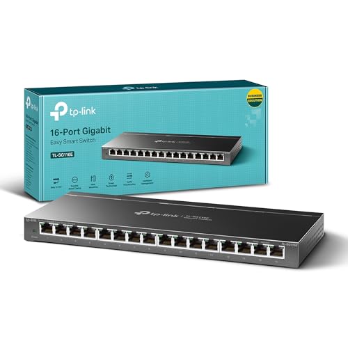 TP-Link TL-SG116E 16-Port Managed Network Switch Gigabit Ports Plug and play Ethernet Splitter QoS VLAN IGMP Snooping Intelligent Network Management Through Web Interface Durable metal casing