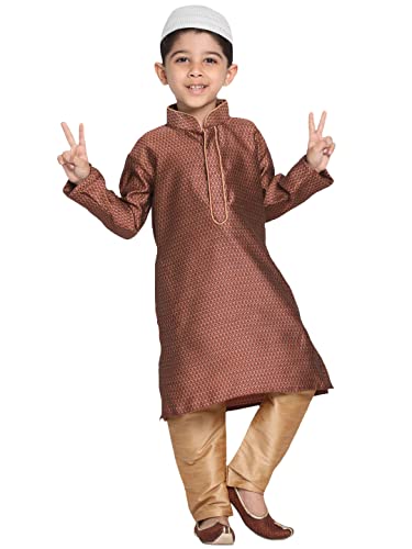 Image of VASTRAMAY Boys' Maroon and Rose Gold Silk Blend Kurta Pyjama Set with Cap-VASBK047MAnPRGnC 30L