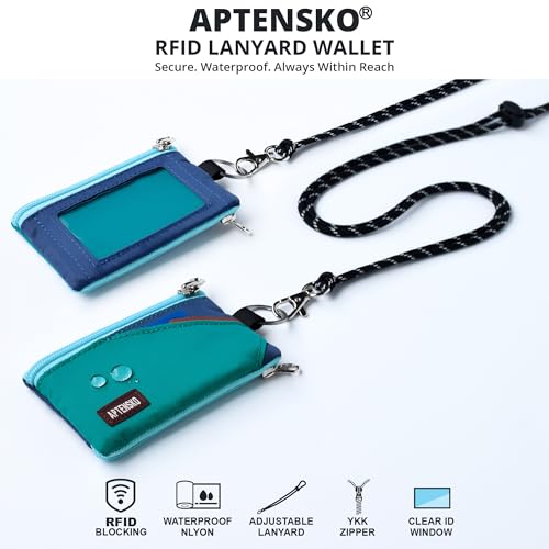Image of RFID Blocking Travel Wallet with Adjustable Lanyard, Small Nylon Zipper Pouch and Badge Holder for ID, Credit Cards, Cash, Keys, Commuters (Turquoise+Navy)