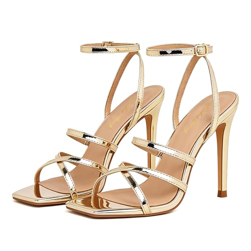 Image of Elisabet Tang Women's Crystal Stilettos Heeled Sandals, 4 Inch Square Open Toe Strappy Sexy High Heels Ankle Strap Buckle Heels for Party Wedding Dress Daily Wear Shoes
