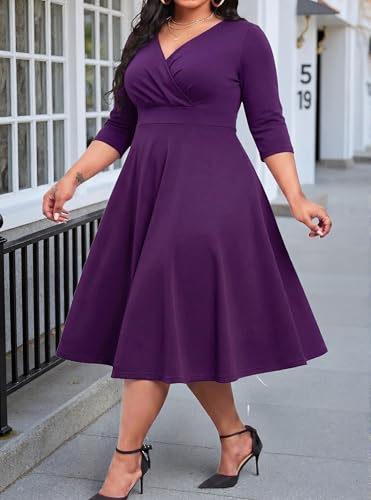 Image of Womens Plus Size Dresses Faux Wrap Summer Dress 3 /4 Sleeves V Neck 1950s Retro Vintage Wedding Party Midi Dress