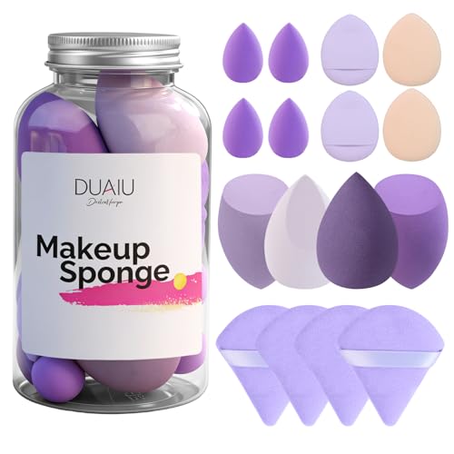 DUAIU 16 Piezas Esponja Maquillaje, Esponjas para Base Líquida, Polvos, Protector Solar, con Estuche, Set Esponjas Cara, Reutilizables, Uso Seco/Húmedo