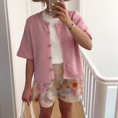 Image of Womens Button Up Short Sleeve Cardigans Sweater Cropped Lightweight Round Neck Elegant Knit Tops with Pockets