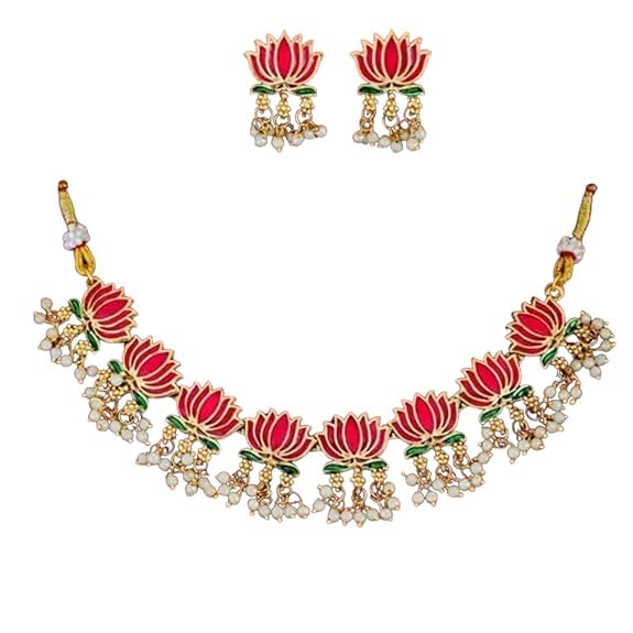 Kalka Traders Lotus Design Choker Necklace and Earring Set, Pink Enamel with Pearl Beads, Gold-Toned-image-17
