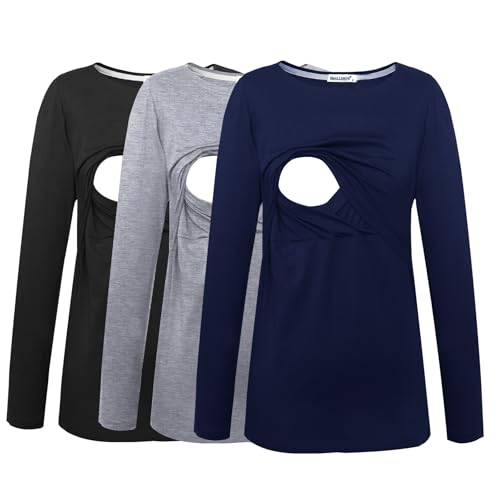 Smallshow Women's 3 Pcs Maternity Nursing Tops Breastfeeding Clothes Navy-Black-Grey Medium