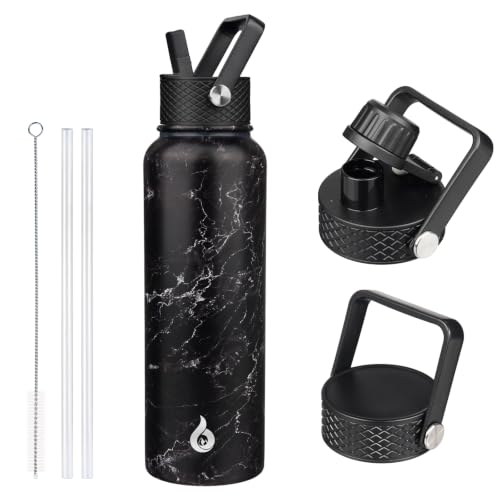 Image of BJPKPK Insulated Water Bottles with Straw Lid, 40oz Stainless Steel Metal Water Bottle with 3 Lids, Reusable Thermo, Keep Cold Hot for Sports, Gym-Midnight