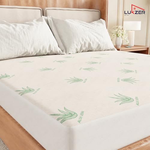 Image of Lukzer 100% Waterproof Natural Aloe Vera Mattress Protector King Size 78 inch x 72 inch inch | 360 Elasticated fit, Breathable, Hypoallergenic, Noiseless, Ultra-Soft Fitted Deep Pocket Bed Protector Cover