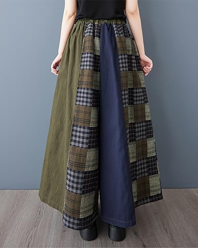 ellazhu Women's Pants Patchwork Two Side Pockets Wide Leg Elastic Waist Baggy Straight Hem Casual GZ429 A4