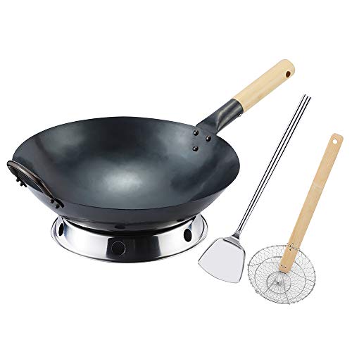 Letschef Pre-Seasoned Carbon Steel Wok Set, 14” Woks and Stir Fry Pans Hand Hammered Traditional Chinese Pow Wok Round Bottom with Ring, Spatulas, and Cooking Skimmer