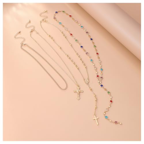 Crystal Bead Necklace for Women Cross Pendant Clavicle Necklace Summer Long Tassel Chest Chain Jewelry Layered Rhinestone Neck Chain4