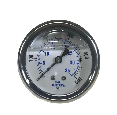 1/4" NPT Back Mount Liquid Filled Pressure Gauge with 2.5" Dial - 0-500 PSI - for Commercial or Industrial Hydraulic & Pneumatic Systems - Compressor Pressure Gauge Replacement