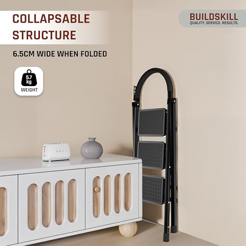 Image of BUILDSKILL Black 3 Step Ladder for Home Use with Built-in Tool Tray | Heavy Duty D Shape Rods | 20 x 30 cm Large Step with Rubber Pad | Secure Lock | 150Kg Capacity Foldable Ladder - 5 Years Warranty