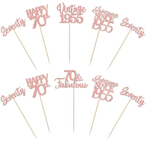 Image of 15 PCS 70th Birthday Centerpiece Sticks Seventy Glitter Happy 70th Vintage 1955 Table Flower Centerpieces Sticks Cheers to 70 Fabulous Floral Decorations for 70th Birthday Party Supplies Rose Gold
