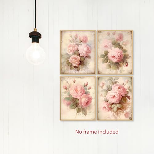 Image of laveliabel Vintage Pink Rose Wall Art Prints Set of 4 Unframed, Floral Wall Decor, Shabby Chic Pink Floral Botanical Poster Prints for Cottagecore Home Room Wall Decor 8x10 Inches