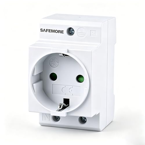 Schuko Steckdose Hutschiene 16A 230V - SAFEMORE Einbausteckdose mit Schutzkontakt für 35mm DIN-Träger IP20 - Einfache Montage für Verteilerdosen
