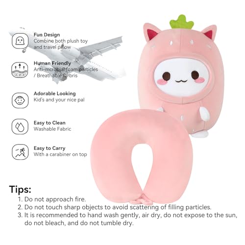 Image of Kids Travel Pillow - 2-in-1 Deformable Kids Neck Pillow for Traveling, Soft U-Shaped Pillow with Adorable Animal Design, Comfy Sleep and Play, Ideal for Airplanes and Traveling (Pink Strawberry)