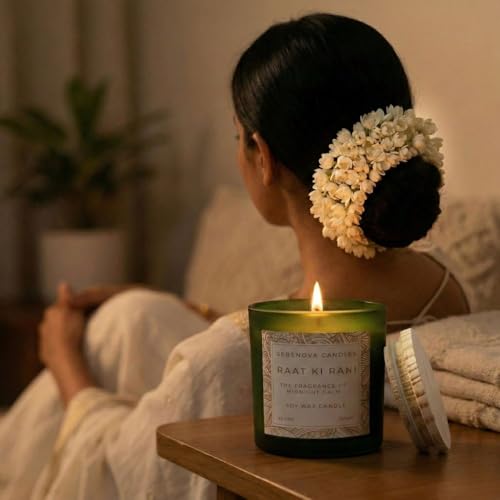 Image of Serenova Candles RAAT KI Rani Aromatherapy Candle, Organic Soy Wax, Handpoured and Handmade, 350gm, 40 Hours Burning Time