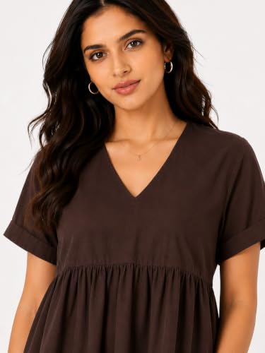 Image of Women's Black Button-Front Peplum Top - Short Sleeve V-Neck Casual Blouse, Lightweight Rayon Cotton, Everyday Wear, Summer & Work Outfit