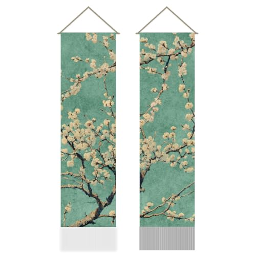 Tapisserie florale pour habiller un mur étroit, tenture amandier verticale avec pompons beige
