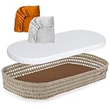 MIMUSELINA | Cesta Cambiador de Bebe de Mimbre | Con Colchon para el Cambiador de Mimbre + Funda de Muselina de Algodón | Hecha a Mano de manera Artesanal con Palma Natural | (Mostaza/Blanco)