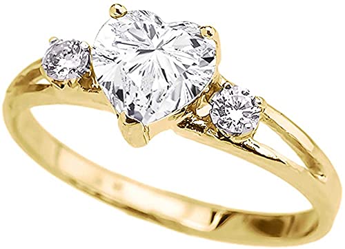10k Yellow Gold Heart Shape Cubic Zirconia & White Topaz Split Shank Three Stone Ring