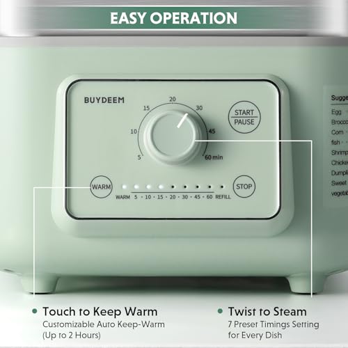 Image of BUYDEEM G52 10.6Qt Electric Food Steamer for Cooking, Cozy Greenish | 1-4 People, 2-hour Keep Warm, 7 Preset Timings, Dual Boil-Dry Protection, Stainless Steel, Glass Lid, 2 Tier