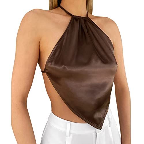 Generisch Camiseta sin mangas de color liso con espalda abierta para ombligo y pecho, sin mangas, elegante, sexy, top de verano para mujer, café, L