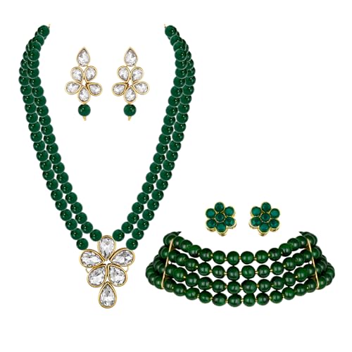 Image of Peora Crystal Faux Pearl Kundan Necklace & Jewellery Set Gift for Women