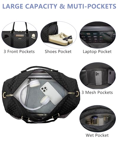 Image of Women Weekender Travel Duffle Bag: Travel Duffel Overnight Bags with Shoe Compartment Large Carry on Tote with 2 Toiletry Bags Weekend Traveling Yoga Gym Hospital Bag for Womens with Wet Pocket Black