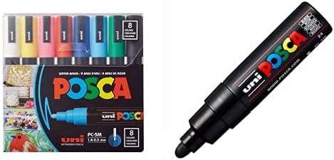 POSCA 8-Color Paint Marker Set, PC-5M Medium & Posca Acrylic Paint Marker, Broad Bullet, Black