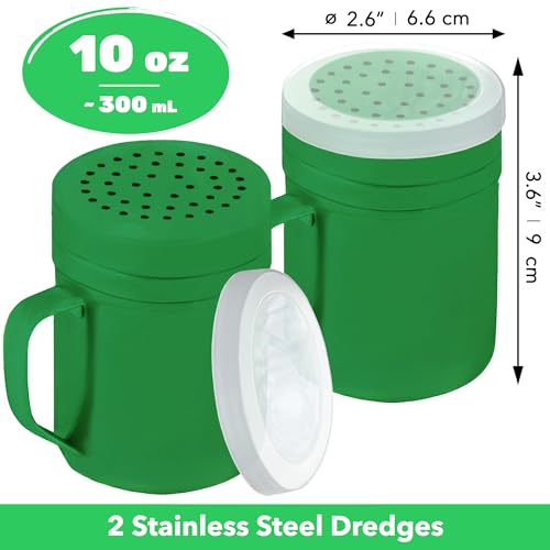 Image of CUSINIUM 10oz Forest Green Stainless Steel Salt Pepper Dredge Shakers - With Plastic Cap - With Handle - Pack of 2