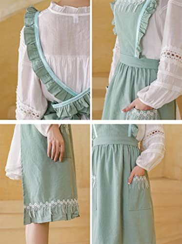 Vanoker Women Girls Pleated Cotton Lace X Back Long Aprons Home Kitchen Garden Art Pinafore Florist Shop Overalls (Green, 35.4L) #TOP6