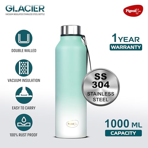 Image of Pigeon by Stovekraft Glacier 1000 ml Vacuum Wide Mouth Bottle, Hot & Cold Retention & Leak Proof (Teal Blue)