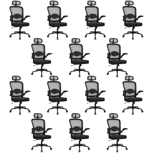 Image of KLASIKA Desk Chairs with Wheels, Ergonomic Mesh Back Home Office Chair with Headrest, Adjustable Lumbar Support Swivel Rolling Computer Chairs Flip Up Arms for Conference Meeting Room, Black, 14PK