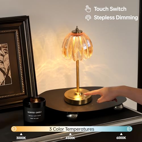 Image of Shenmoyl Tulip Table Lamp with 5000mAh Battery & Touch Control, Cordless Table Lamp with 3 Colors, Dimmable Rechargeable Table Lamps for Bedroom, Nightstands, Living Room, Entryways (Amber Tulip)