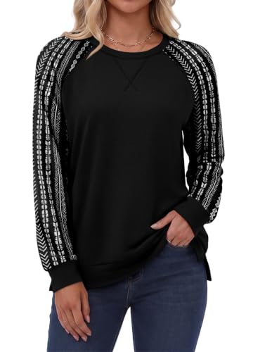 OFEEFAN Sweatshirt for Women Crewneck Long Sleeve Tops Striped Black M