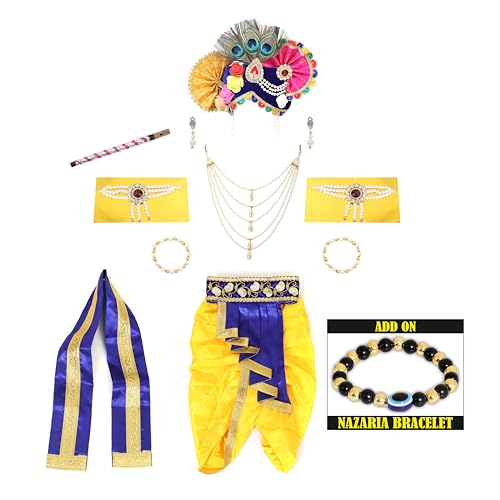 Image of Krishna Dress for Kids, Baby Krishna Dress for Janmashtami with Krishna Mukut, Peacock Feather & Flute Embroidered Krishna Costume for Girl & Boy, 3 Months-8 Years