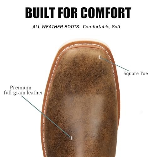 Image of SUREWAY Western Boots - Men's Square Toe Work Boot,Pull On Leather Wellington Boots,Durable Classic Slip Resistant Soft Toe Cowboy Boot