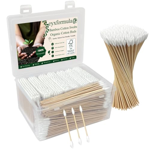 Eyxformula 1000 Count Organic Cotton Swabs, FSC Certified, Biodegradable, Double-Tips - Stronger Bamboo Sticks & Extra Cotton Buds for Ear Cleaning, Makeup, Beauty, Personal Hygiene, First A
