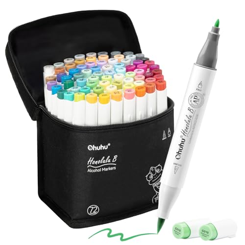 ohuhu alcohol markers brush tip - double tipped art marker set for artist adults coloring illustration- 72 colors- alcohol-based refillable ink - fine amp brush dual tips - honolulu b of ohuhu markers