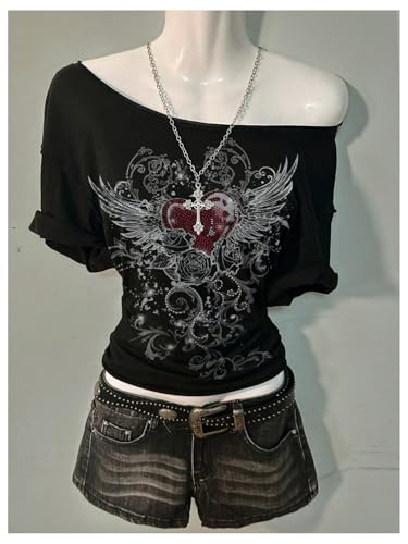 SweatyRocks Women's Goth Graphic Tees Off The Shoulder T Shirt Short Sleeve Trendy Tops4