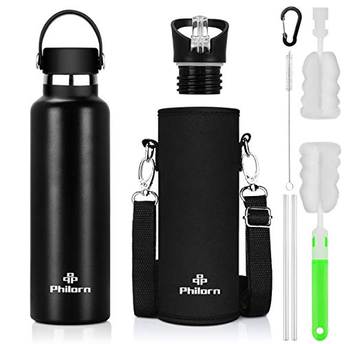 PHILORN Botellas para beber Termos de 1000 ml Termos de acero inoxidable Termo de vacío Botellas de agua aisladas de acero inoxidable se mantienen calientes durante 12 horas (negro)