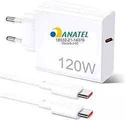 Kit Carregador Tipo C Turbo 120W com Cabo USB-C de 1 Metro e Fonte Compatível com Xiaomi 14 Pro 13 Ultra 11 12t Pro F4 Gt 5.0 Carregamento Ultra Rápido de Celular Branco Anatel – VOLT3M