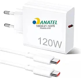 Kit Carregador Tipo C Turbo 120W com Cabo USB-C de 1 Metro e Fonte Compatível com Xiaomi 14 Pro 13 Ultra 11 12t Pro F4 Gt 5.0 Carregamento Ultra Rápido de Celular Branco Anatel – VOLT3M
