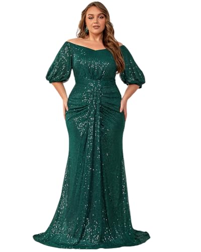 Giffniseti Women's Plus Size Off Shoulder Puff Sleeve Sequin Formal Maxi Dress Evening Party Gowns Green