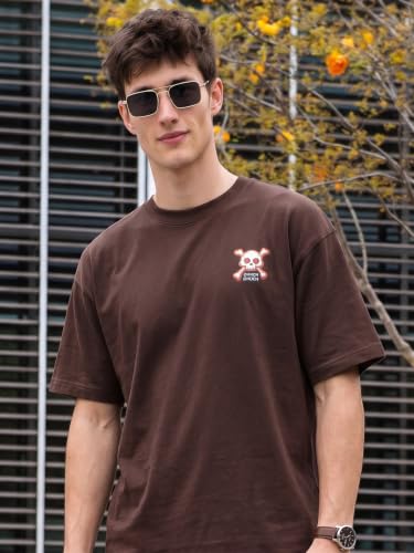 Image of Veirdo Men Bold Front & Back Printed Oversized Fit T-Shirt for Men, Cotton Fabric, Drop-Shoulder Streetwear Casual Graphic Tee, Stylish & Comfortable (OS VD UNTM BRN S)