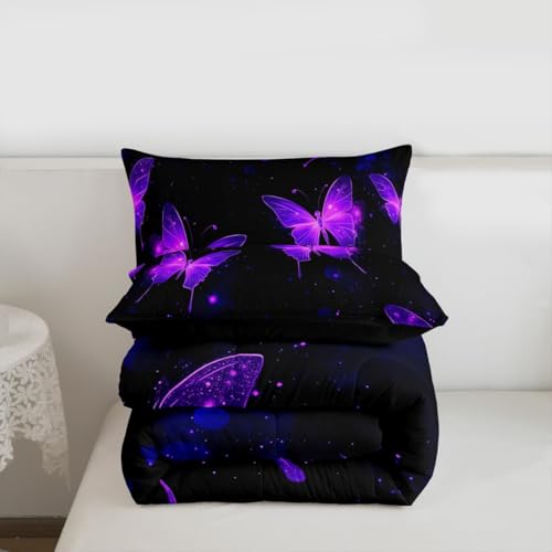 Image of Erosebridal Neon Purple Butterflies Comforter Full Size for Kids Boys Girls,Starry Sky Bedding Set,Outer Space Galaxy Duvet Insert,Elegant Wildlife Quilt Bedroom Decor