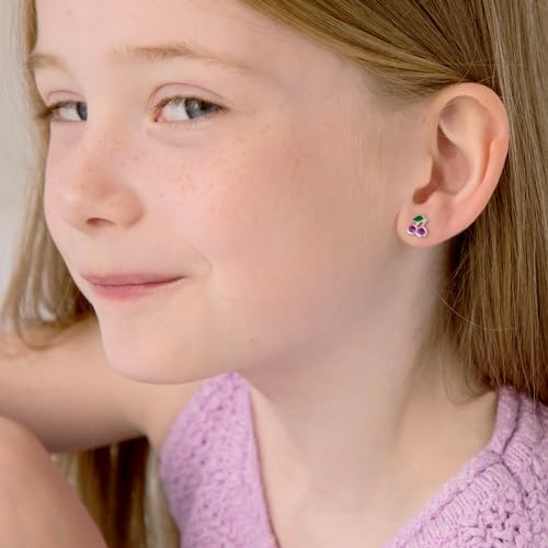 925 Sterling Silver Glittering Cherry Standard Push Back Earrings For Young Girls & Preteens - Small Fuchsia Cubic Zirconia Stone Cherry Earrings For Little Girls - Fruit Earrings For Chidren3