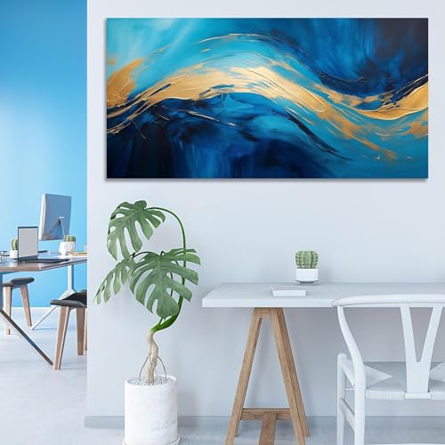 Tableau abstrait bleu et or luxueux grand format encadré