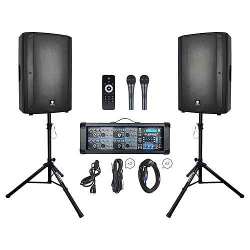 PRORECK Delta 158 2400W Bluetooth PA Speaker System with 8-Channel Powered Mixer, 2 15-Inch Passive Speakers, Stands, Reverb Effects, 15V Phantom Power. Perfect for DJs, Bands, Karaoke, Live Events.